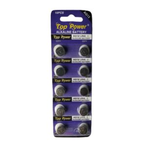 "Pack of 10 AG13/LR44 alkaline button cell batteries arranged in a single blister pack, suitable for small electronic devices like watches, calculators, and toys."