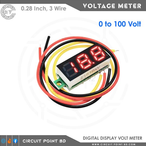 Mini Digital Voltmeter DC 0-100V, 3-Wire LED Display Panel Voltage Meter – 0.28 Inch, Red/Blue/Green