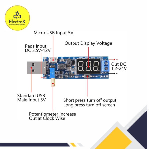USB Step UP / Down HW-132 Buck Boost Adjustable Power Supply Module, Adjustable DC-DC 5V to 3.5V / 12V Boost Buck Converter Out DC 1.2V-24V - Image 4