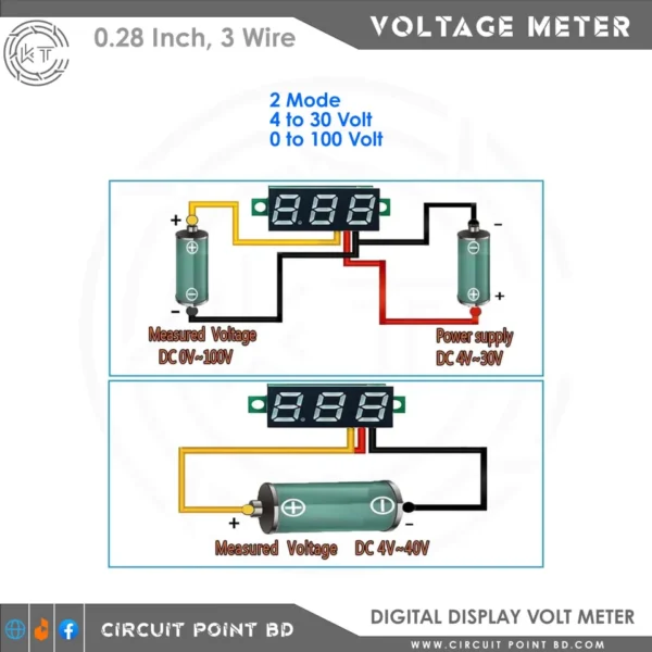 Mini Digital Voltmeter DC 0-100V, 3-Wire LED Display Panel Voltage Meter – 0.28 Inch, Red/Blue/Green - Image 4